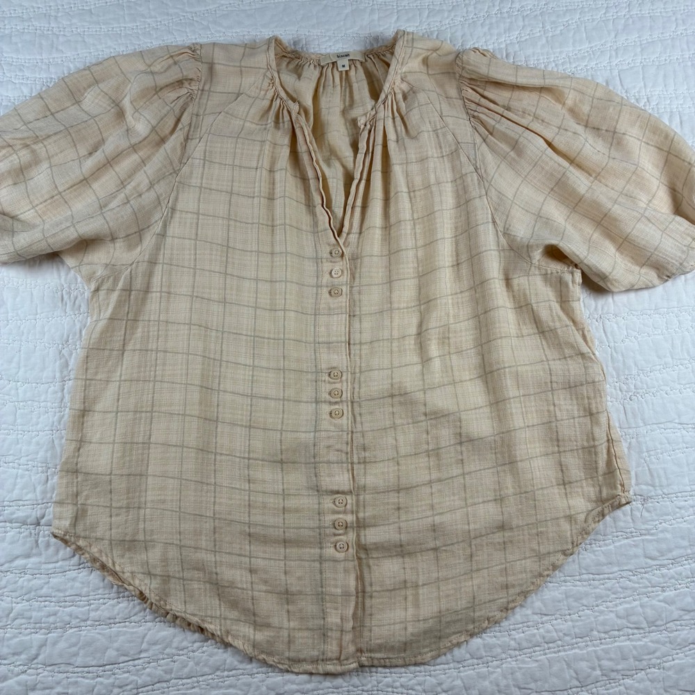 Biscuit Cream Plaid Puff Sleeve Pintuck Blouse M Boho Viscos Peasant Top Cottage